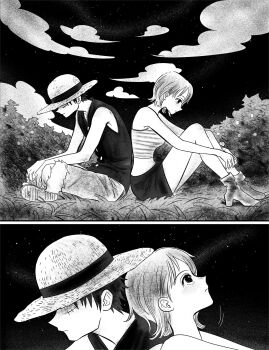 1boy 1girl back-to-back bare_legs bare_shoulders boots bracelet breasts bush buttons closed_mouth cloud cloudy_sky commentary crop_top english_commentary facial_scar from_side full_body fur-trimmed_shorts fur_trim grass greyscale hat head_on_another's_back high_heel_boots high_heels highres indian_style jewelry knees_up leaning_back leaning_on_person log_pose looking_up medium_breasts midriff miniskirt monkey_d._luffy monochrome nami_(one_piece) one_piece outdoors profile sandals scar scar_on_cheek scar_on_face sequential shirt short_hair shorts sitting skirt sky sleeveless sleeveless_shirt straw_hat tesstessgreen upper_body vest