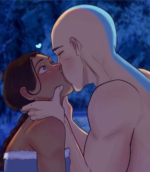 1boy 1girl aang arrow_(symbol) arrow_tattoo avatar:_aang_the_last_airbender avatar:_the_last_airbender avatar_legends bald blue_tattoo clubulool couple dark-skinned_female dark_skin forehead_tattoo head_tattoo highres husband_and_wife katara kiss tattoo