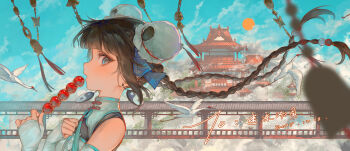 1girl absurdres architecture artist_name bingbing_(hrppbb) bird black_hair blue_eyes blurry blurry_foreground braid chinese_clothes cloud commentary crane_(animal) dated day double_bun earrings east_asian_architecture floating_hair gift_art hair_bun highres jewelry long_hair mandarin_collar original outdoors pankou profile sideways_glance sleeves_past_wrists solo tanghulu tassel twin_braids upper_body very_long_hair yin_yang yin_yang_earrings