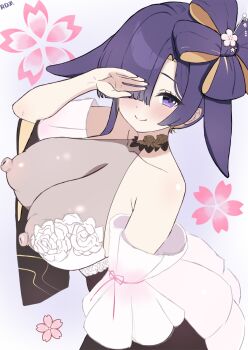 animal_ears asymmetrical_bangs black_nails blue_archive breasts collarbone covered_erect_nipples detached_sleeves ears_down floppy_ears flower flower-shaped_hair hair_over_one_eye hand_over_eye highres kimono_dress large_breasts looking_at_viewer lop_rabbit_ears multiple_expressions nipples official_alternate_costume official_alternate_hairstyle pink_flower pink_sleeves rabbit_ears rabbit_girl rdmai see-through_clothes see-through_shirt shirt smile tsukuyo_(blue_archive) tsukuyo_(dress)_(blue_archive)