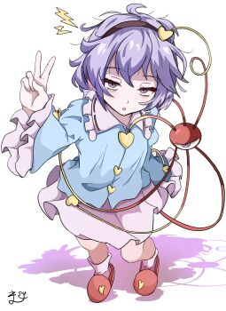 1girl absurdres ahoge bags_under_eyes black_hairband blue_shirt breasts buttons commentary_request frills from_above full_body hair_ornament hairband half-closed_eyes hand_up heart heart_button heart_hair_ornament highres kakineko komeiji_satori light_blush long_sleeves looking_at_viewer messy_hair open_mouth pink_skirt purple_eyes purple_hair sanpaku shadow shirt short_hair simple_background skirt slippers small_breasts solo touhou upturned_eyes v white_background wide_sleeves
