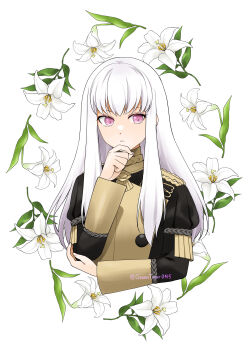 1girl absurdres commentary_request fire_emblem fire_emblem:_three_houses flower garreg_mach_monastery_uniform hand_on_own_elbow highres long_hair long_sleeves lysithea_von_ordelia midori_no_baku nintendo purple_eyes solo thinking vanilla white_background white_hair