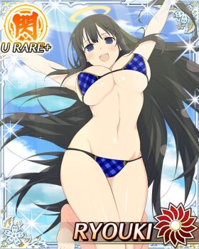 Rule 34 | 1girl, :d, arms up, bikini, black hair, blue bikini, blue eyes, border, breasts, card (medium), character name, cleavage, day, game cg, groin, halo, jumping, large breasts, legs up, long hair, looking at viewer, midair, navel, official art, open mouth, outstretched arms, plaid bikini, plaid clothes, ryouki (senran kagura), senran kagura, senran kagura new wave, smile, solo, sunlight, swimsuit, traditional halo, very long hair
