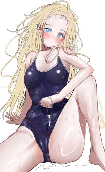 1girl arm_support barefoot blonde_hair blue_eyes blush breasts cameltoe competition_swimsuit expressionless feet forehead highres jewelry kofune_ushio large_breasts legs long_hair looking_at_viewer necklace one-piece_swimsuit partially_visible_vulva shell shell_necklace sitting solo spread_legs summertime_render swimsuit thick_thighs thighs very_long_hair wet