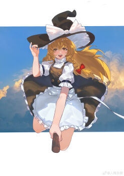 1girl :d absurdres apron artist_name black_dress black_hat blonde_hair blue_sky bow braid broom broom_riding buttons chinese_commentary cloud cloudy_sky commentary_request day double-breasted dress floating_clothes floating_hair frilled_apron frilled_dress frilled_sleeves frills full_body hair_bow hand_on_headwear hat hat_bow highres kirisame_marisa large_bow light_blush long_hair looking_at_viewer oldlowfive open_mouth orange_eyes outside_border pinafore_dress puffy_short_sleeves puffy_sleeves red_bow ribbon shirt short_dress short_sleeves side_braid sky sleeve_garter sleeveless sleeveless_dress smile solo spread_legs straight-on touhou turtleneck turtleneck_shirt waist_apron waist_ribbon watermark weibo_watermark white_apron white_background white_bow white_ribbon white_shirt witch witch_hat