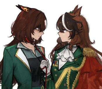 2girls aiguillette angry animal_collar animal_ears ascot black_vest blazer brown_eyes brown_hair cape closed_mouth collar collarbone collared_jacket collared_shirt colored_lapels ear_ornament ears_down epaulettes expressionless frown gloves gold_buttons green_jacket grey_eyes grey_shirt hair_between_eyes highres holding holding_leash horse_ears horse_girl jacket lapels layered_sleeves leash long_hair long_sleeves medal messy_hair multicolored_hair multiple_girls notched_lapels open_clothes open_jacket peaked_lapels pointy_nose ppponpotato red_cape red_collar red_pupils shaded_face shirt side_cape simple_background single_epaulette sirius_symboli_(feroce)_(umamusume) sirius_symboli_(umamusume) streaked_hair symboli_rudolf_(emperor&#039;s_path)_(umamusume) symboli_rudolf_(umamusume) umamusume upper_body vest wavy_hair white_ascot white_background white_gloves yuri