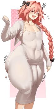 1boy :3 absurdres ass astolfo_(fate) blush bow braid braided_ponytail bulge collarbone covered_erect_nipples covered_navel cropped_jacket dongtan_dress dress fang fate/grand_order fate_(series) feet_out_of_frame grey_dress grey_jacket hair_bow hair_intakes hair_ribbon heart highres huge_ass jacket large_penis long_hair looking_at_viewer looking_back male_focus motion_lines open_clothes open_jacket open_mouth penis pink_eyes pink_hair plump ribbon shiny_skin sidelocks stackydraws standing thick_thighs thighs tight_clothes tight_dress trap underwear wide_hips