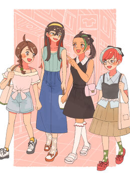 4girls :d ahoge alternate_costume aoaoe_2 bag bare_shoulders black_dress black_hair black_tank_top blue_hair blue_pants blue_shirt blue_shorts blush braid brown_bag brown_eyes brown_hair brown_skirt carmine_(pokemon) casual collarbone collared_dress collared_shirt colored_inner_hair commentary_request dark-skinned_female dark_skin dress eyelashes floral_print floral_print_socks footwear_ribbon freckles full_body glasses green_hair green_socks grey_eyes hairband handbag height_difference highres holding holding_bag holding_strap juliana_(pokemon) kneehighs long_hair multicolored_hair multiple_girls nemona_(pokemon) nintendo open_mouth pants penny_(pokemon) pink_bag pink_sandals pink_shirt pink_socks pokemon pokemon_sv ponytail print_socks red_hair red_shoes round_eyewear sandals shirt shoelaces shoes short_hair short_sleeves shorts single_braid skirt sleeveless sleeveless_dress sleeveless_shirt smile socks tank_top thick_eyebrows two-tone_hair very_short_hair walking white_bag white_shoes white_socks yellow_eyes yellow_hairband