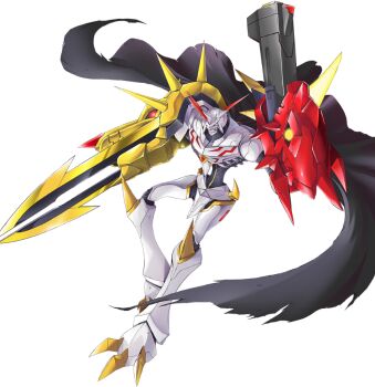 1boy android arm_blade arm_cannon armor bandai black_cape blue_background blue_eyes cape digimon digimon_(creature) digimon_story:_time_stranger full_armor full_body horns mecha official_art omegamon_alter-s robot sasaki_shin sword transparent_background weapon