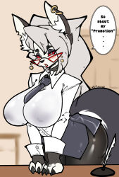 Rule 34 | 1girl, absurdres, animal ears, bespectacled, blush, breasts, choker, claws, earrings, furry, furry female, glasses, helluva boss, highres, jewelry, large breasts, looking at viewer, loona (helluva boss), office lady, red eyes, tail, vinniez, white hair, wolf ears, wolf girl, wolf tail