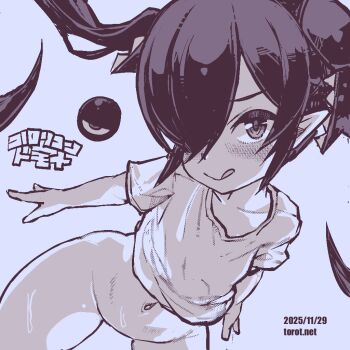 1girl :q backbeako_(torotei) backbeard blue_background blue_theme blush bottomless closed_mouth collarbone commentary cowboy_shot dated dated_commentary gegege_no_kitarou hair_over_one_eye hair_ribbon kono_lolicon_domome leaning_forward long_hair looking_at_viewer monochrome naked_shirt navel original paid_reward_available pear-shaped_figure pointy_ears ribbon shirt short_sleeves simple_background solo sweat thigh_gap tongue tongue_out torotei translated twintails watermark web_address wide_hips