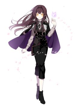 1girl anna_sehnsucht beamed_eighth_notes black_pants black_shoes black_vest bolo_tie brown_hair bug butterfly cape dairoku_ryouhei highres insect l_(matador) long_sleeves looking_at_viewer musical_note pants quarter_note shoes smile transparent_background vest yellow_eyes