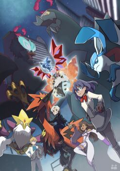 2boys 2girls absurdres alakazam baxcalibur braviary city cityscape dexio_(pokemon) dynamax furisode_girl_(pokemon) furisode_girl_blossom galarian_form galarian_zapdos gen_1_pokemon gen_4_pokemon gen_5_pokemon gen_8_pokemon glaceon highres hisuian_braviary legendary_pokemon mark331 mega_alakazam mega_evolution mega_pokemon multiple_boys multiple_girls night nintendo pokemon pokemon_(creature) pokemon_legends:_arceus pokemon_xy sina_(pokemon) sky terastallization volcarona zapdos