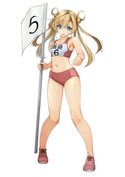 1girl :d absurdres abukuma_(kancolle) blonde_hair blue_eyes breasts buruma clothes_writing collarbone commentary_request day double_bun flag full_body hair_bun hair_rings highres holding holding_flag kantai_collection long_hair looking_at_viewer midriff navel numbered_flag open_mouth outdoors pole red_buruma simple_background sky small_breasts smile solo sports_bikini sports_bra standing track_uniform twintails two-tone_sports_bra white_background yashin_(yasinz)