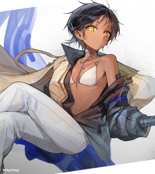 1girl arknights bikini black_hair breasts closed_mouth commentary_request crossed_legs dark_skin genderswap genderswap_(mtf) hair_ornament highres jacket jewelry looking_at_viewer necklace off_shoulder open_clothes open_jacket orange_eyes pants short_hair simple_background small_breasts solo swimsuit thorns_(arknights) thorns_the_lodestar_(arknights) white_bikini white_pants xiu_xxx_wu