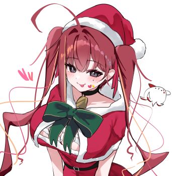 1girl absurdres ahoge akane_lize bell belt black_belt black_collar blush bow breasts capelet choppy_bangs cleavage closed_mouth collar commentary cowboy_shot creature dated_commentary dress from_above fur-trimmed_capelet fur-trimmed_dress fur_trim green_bow grey_eyes hair_intakes hat heart heart_sticker highres huge_breasts licking_lips long_hair looking_at_viewer mole mole_under_eye multicolored_hair neck_bell pienna_(akane_lize) red_capelet red_dress red_hair red_pupils santa_costume santa_hat simple_background slit_pupils solo stellive sticker sticker_on_face strapless strapless_dress streaked_hair tongue tongue_out twintails variant_set virtual_youtuber white_background yeomhwauranyum