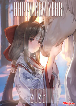 1girl 2026 animal animal_ears blush bow brown_eyes brown_hair commentary_request floral_print forest grey_hair hair_bow happy_new_year highres horse horse_ears horse_girl horse_tail japanese_clothes kimono kiryuu_takahisa long_hair long_sleeves low_ponytail multicolored_hair nature new_year original outdoors ponytail print_kimono red_bow smile snow solo sunrise tail tree twitter_username two-tone_hair very_long_hair white_kimono wide_sleeves