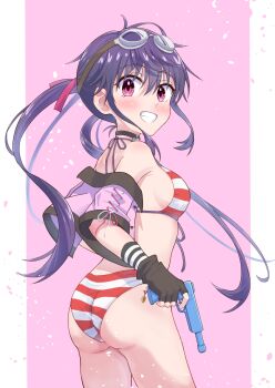 1girl ass bare_shoulders bikini black_choker blush breasts choker commentary_request cropped_jacket ebisuzawa_kurumi eyelashes fingerless_gloves gakkou_gurashi! gloves goggles goggles_on_head grin hair_between_eyes highres long_hair looking_at_viewer looking_back off_shoulder pink_background pink_eyes purple_hair rokkii_(pixiv77873722) sideboob simple_background smile solo striped_bikini striped_clothes swimsuit teeth thighs twintails very_long_hair water_gun white_background