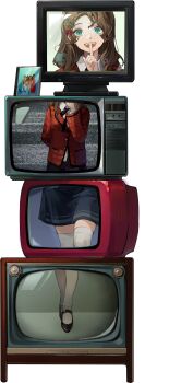 1girl arm_behind_back black_shoes black_skirt blue_eyes cd_case closed_mouth crt finger_to_mouth freckles full_body hair_ornament hairclip hand_up highres index_finger_raised jacket long_hair looking_at_viewer monitor official_art open_mouth red_jacket reverse:1999 shoes shushing skirt smile socks solo stack standing static tachi-e third-party_source transparent_background ttt_(reverse:1999) white_socks