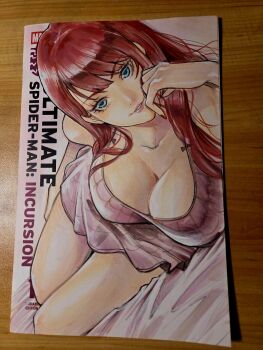 1girl blue_eyes breasts camisole cleavage commentary english_commentary highres large_breasts long_hair looking_at_viewer lying marvel mary_jane_watson on_bed rodrigo_yoshimiya smile solo spider-man_(series) ultimate_spider-man_(2024)