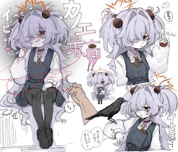 1girl absurdres ba_wei_hachimi bird black_pantyhose blue_archive buttons choker crow double-breasted grey_hair hair_intakes hair_over_one_eye highres kanoe_(blue_archive) messy_hair mojyo pantyhose simple_background string string_of_fate white_background