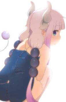 1girl absurdres ass blue_one-piece_swimsuit blush commentary_request dragon_girl dragon_horns hair_bobbles hair_ornament highres horns kanna_kamui kobayashi-san_chi_no_maidragon kobou31 long_hair looking_at_viewer looking_back one-piece_swimsuit open_mouth pink_hair school_swimsuit solo swimsuit tail thighhighs twintails white_thighhighs