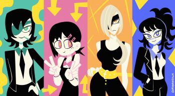 Rule 34 | 4girls, artist name, belt, black hair, blazer, blue eyes, bow, bowtie, breasts, chainsaw man, cigarette, cleavage, closed mouth, cocoreena, collared shirt, color background, cowboy shot, double v, dress, eyelashes, frown, green eyes, hair ornament, hair over one eye, hair over shoulder, hairclip, hand on own hip, higashiyama kobeni, highres, himeno (chainsaw man), jacket, large breasts, long hair, looking at viewer, looking to the side, medium breasts, multiple girls, narrow waist, necktie, parody, pink eyes, ponytail, powerpuff girls, quanxi (chainsaw man), scar, scar on face, shirt, short hair, sidelocks, signature, skirt, smile, smoking, standing, style parody, tank top, tendou michiko, v, white hair, yellow eyes