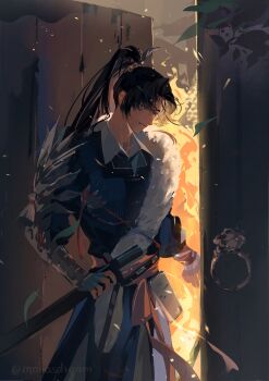 Rule 34 | 1boy, absurdres, arm armor, backlighting, black hair, blue robe, cheng heguang, chinese clothes, chinese commentary, commentary request, fire, hand on own hip, hanfu, highres, jintian kaishi chi cui pingguo, long hair, looking down, male focus, open door, ponytail, reverse:1999, robe, sheath, sheathed, solo, sword, twitter username, upper body, weapon