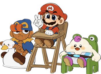 3boys black_eyes blue_eyes blue_hat brown_hair chibi facial_hair geno_(mario) gloves hat highres male_focus mallow_(mario) mario mario_(series) mimimi_(mimimim9999) multiple_boys mustache nintendo overalls sailor_hat shirt shoes sitting super_mario_rpg white_background