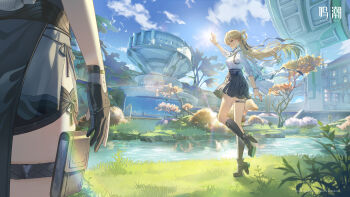 3d absurdres black_skirt blonde_hair braid breasts earrings female_rover_(wuthering_waves) gradient_hair half_up_braid hand_up headphones highres holding jacket jewelry logo long_hair lynae_(wuthering_waves) medium_breasts multicolored_hair official_art rover_(wuthering_waves) shirt skirt star_(symbol) star_earrings very_long_hair weapon white_jacket white_shirt wuthering_waves