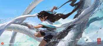 1girl artist_name black_eyes blurry brown_hair commentary depth_of_field earrings english_commentary highres hydrokinesis jewelry kan_liu_(666k) liquid long_hair original outstretched_arms patreon_username pointy_ears short_sleeves shorts smile solo very_long_hair water watermark web_address wide_sleeves
