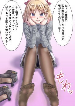 1girl :p blonde_hair blue_eyes blush bow feet hair_bow highres long_hair looking_at_viewer natorigon panties panties_under_pantyhose pantyhose pantyshot shoes soles toes tongue tongue_out translated underwear unworn_shoes