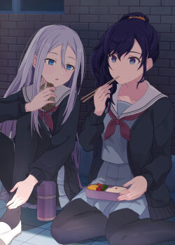 2girls asahina_mafuyu bento black_cardigan black_pantyhose blue_eyes blue_hair blush brick_wall cardigan chopsticks chopsticks_in_mouth commentary_request double-parted_bangs drink drink_carton eating grey_shirt grey_skirt hair_between_eyes highres holding holding_chopsticks holding_drink knees_up long_hair long_sidelocks long_sleeves looking_at_another multiple_girls neckerchief on_floor open_cardigan open_clothes open_mouth outdoors pantyhose pleated_skirt ponytail project_sekai red_neckerchief sailor_collar shade shirt shoes sidelocks sitting skirt very_long_hair white_sailor_collar white_shoes yoisaki_kanade yui081