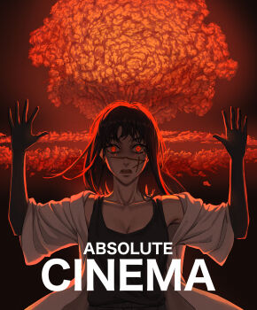 Rule 34 | 1girl, absolute cinema (meme), absurdres, black gloves, black hair, black tank top, breasts, chainsaw man, cleavage, elbow gloves, facial scar, gloves, hands up, highres, jacket, long hair, looking at viewer, matomo, meme, mushroom cloud, open mouth, red eyes, scar, scar on cheek, scar on face, scar on nose, solo, tank top, white jacket, yoru (chainsaw man)