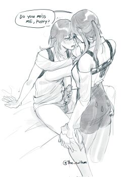 1futa 1girl assertive_female blush breasts drooling english_text erection erection_under_clothes eye_contact futa_with_female futanari futanari_masturbation greyscale hand_on_another&#039;s_thigh highres honkai:_star_rail honkai_(series) kafka_(honkai:_star_rail) long_hair looking_at_another masturbation medium_breasts medium_penis monochrome no_pants open_mouth panties panties_around_leg penis sitting speech_bubble standing stelle_(honkai:_star_rail) talking the_eviltom trailblazer_(honkai:_star_rail) trembling twitter_username underwear yuri