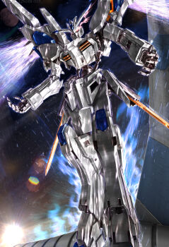 absurdres commentary_request eye_trail glowing glowing_eyes gundam gundam_bael gundam_tekketsu_no_orphans highres light_trail loader-0015 mecha mechanical_wings mobile_suit no_humans pink_eyes robot science_fiction solo thrusters v-fin wings