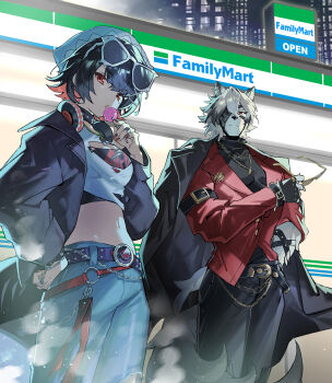 1boy 1girl animal_ears black_hair black_pants breasts building candy commentary_request convenience_store crop_top denim ellen_joe eyewear_on_head familymart food furry furry_male guest_art hand_on_own_hip hat hayama_eishi headphones headphones_around_neck highres holding holding_candy holding_food holding_lollipop holding_removed_eyewear jacket jeans jewelry lollipop medium_breasts midriff multicolored_hair necklace night open_clothes open_jacket outdoors pants parted_lips red_eyes red_hair shop sunglasses tail torn_clothes unworn_eyewear von_lycaon white_hair wolf_boy wolf_ears wolf_tail zenless_zone_zero