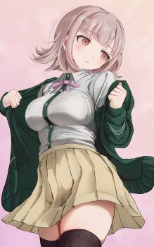 Rule 34 | 1girl, absurdres, breasts, brown hair, brown skirt, collared shirt, danganronpa (series), danganronpa 2: goodbye despair, flipped hair, highres, hood, jacket, long sleeves, medium hair, nanafuku, nanami chiaki, neck ribbon, no hair ornament, open clothes, open jacket, pink eyes, pink ribbon, pleated skirt, ribbon, shirt, skirt, solo, thighhighs, two-tone shirt, white shirt