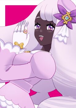 1girl :d absurdres commentary_request dark-skinned_female dark_skin dress eyelashes gloves hands_up happy highres jacinthe_(pokemon) jewelry long_hair long_sleeves lyra_(hi7_15) nintendo open_mouth pink_background pokemon pokemon_legends:_z-a puffy_sleeves purple_eyes ring smile solo teeth tilted_headwear upper_teeth_only white_gloves