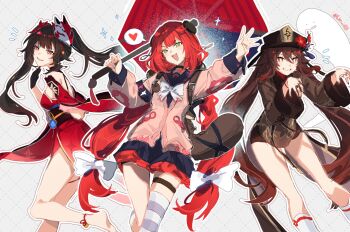 3girls barefoot black_choker black_hat black_nails black_sash black_shorts bow bowtie butterfly-shaped_pupils c_ixxp cardigan chest_bow chinese_clothes choker coattails dress flower flower-shaped_pupils fox_mask genshin_impact ghost ghost_pose gloves hat hat_flower hat_tassel highres honkai:_star_rail honkai_(series) hu_tao_(genshin_impact) jewelry kamanosuke_(zenless_zone_zero) mark_under_both_eyes mask mask_on_head mihoyo multiple_girls multiple_rings one-piece_swimsuit pink_cardigan pink_one-piece_swimsuit plum_blossoms porkpie_hat red_dress red_hair red_sleeves ring sash shorts simple_background single_glove socks sparkle_(honkai:_star_rail) swimsuit symbol-shaped_pupils tailcoat thigh_strap ukinami_yuzuha white_bow white_bowtie white_socks zenless_zone_zero