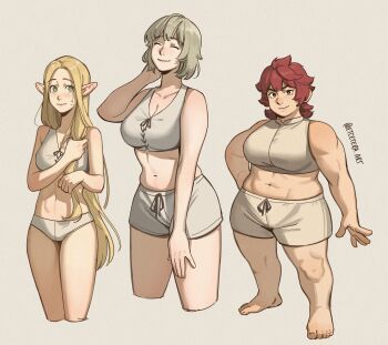 3girls bare_shoulders barefoot black_eyes blonde_hair bob_cut breasts bright_pupils cleavage closed_eyes commentary cropped_legs dungeon_meshi dwarf elf english_commentary etceteraart falin_touden full_body green_eyes hand_on_own_head highres holding holding_own_hair large_breasts long_hair marcille_donato medium_hair multiple_girls muscular muscular_female namari_(dungeon_meshi) navel nervous_smile panties pointy_ears red_hair short_hair shorts simple_background smile sweatdrop toes twitter_username underwear underwear_only very_long_hair white_pupils