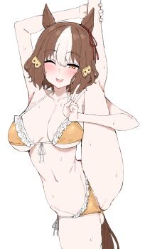 1girl absurdres belno_light_(umamusume) bikini breasts brown_eyes brown_hair commentary_request frilled_bikini frills highres kumiyabe large_breasts looking_at_viewer one_eye_closed orange_bikini short_hair simple_background solo split standing standing_on_one_leg standing_split sweat swimsuit umamusume umamusume:_cinderella_gray white_background