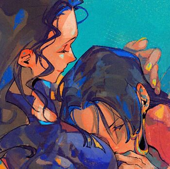 2026 2girls black_hair blush boa_hancock closed_eyes commentary_request cuddling earrings gold_earrings hebi_utage high_collar jewelry leaning_on_person long_hair lying multiple_girls nico_robin nico_robin_(return_to_sabaody) official_alternate_costume one_piece sleeping sleeping_on_person snake_earrings wavy_hair yuri