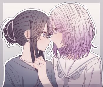 2girls black_hair cheating_(relationship) closed_mouth eye_contact gradient_hair grey_neckerchief grey_shirt hair_bun hashtag-only_commentary highres hitozuma_kyoushi_ga_oshiego_no_joshikousei_ni_dohamari_suru_hanashi ichigohara_itsuki jewelry kousaka_0v0 looking_at_another medium_hair multicolored_hair multiple_girls neckerchief necklace outline pink_eyes pink_hair purple_eyes ring sailor_collar school_uniform serafuku shirt togawa_rin upper_body wedding_ring white_hair white_outline white_sailor_collar white_shirt yuri