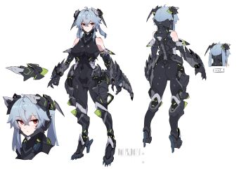 1girl absurdres android armor armored_boots ass bare_shoulders black_bodysuit blue_hair bodysuit boots breasts commentary covered_navel crossed_bangs from_behind full_body gauntlets hair_between_eyes headgear high_heels highres large_breasts long_hair looking_at_viewer m004_(natsukaze_shigure) mecha_musume mechanical_tail multiple_views natsukaze_shigure original red_eyes reference_sheet skin_tight standing tail turnaround twintails