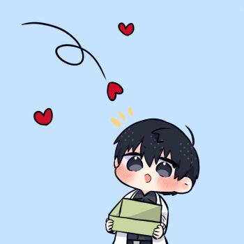 2boys :d black_coat black_eyes black_hair black_shirt coat collared_shirt commentary double-parted_bangs english_commentary hair_between_eyes heart highres kim_dokja kimidori_22 male_focus multiple_boys omniscient_reader&#039;s_viewpoint open_clothes open_coat open_mouth popped_collar shirt short_hair smile white_coat yoo_joonghyuk