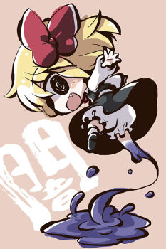 1girl akaneya blonde_hair bloomers bow chibi dress fangs female_focus hair_bow looking_at_viewer open_mouth outstretched_arms rumia slime_(substance) touhou translated underwear