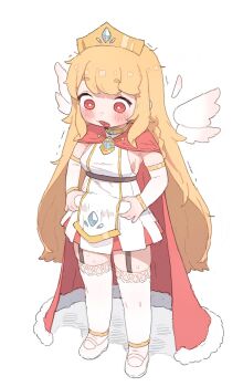 1girl absurdres blonde_hair blush breasts character_request cloak commentary_request detached_sleeves detached_wings dress fang fur-trimmed_cloak fur_trim garter_straps highres long_hair long_sleeves open_mouth possummachine red_cloak red_eyes shoes short_dress simple_background small_breasts solo thighhighs trickcal very_long_hair white_background white_dress white_shoes white_thighhighs white_wings wings