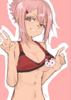 1girl abs akamine_yuuna bare_shoulders blush breasts censored censored_nipples character_censor cleavage clothes_lift folded_ponytail grin hair_between_eyes hair_ornament hairclip highres large_breasts lifting_own_clothes looking_at_viewer medium_breasts navel novelty_censor outline pink_background pink_eyes pink_hair raised_eyebrow red_sports_bra short_hair sidelocks simple_background sketch smile solo sports_bra sports_bra_lift tan teeth underboob underwear upper_body v white_outline witz0 yuuki_yuuna_wa_yuusha_de_aru yuuki_yuuna_wa_yuusha_de_aru:_hanayui_no_kirameki yuusha_de_aru