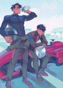 Rule 34 | 2boys, absurdres, alternate universe, black bodysuit, black hair, bodysuit, bottle, clothes around waist, commentary, elbow rest, english commentary, full body, hand on own chin, head rest, helmet, highres, holding, holding bottle, holding unworn helmet, jacket, jacket around waist, kim dokja, leaning forward, male focus, motor vehicle, motorcycle, multiple boys, muscular, muscular male, nemomosso, omniscient reader's viewpoint, short hair, unworn headwear, unworn helmet, water bottle, yoo joonghyuk